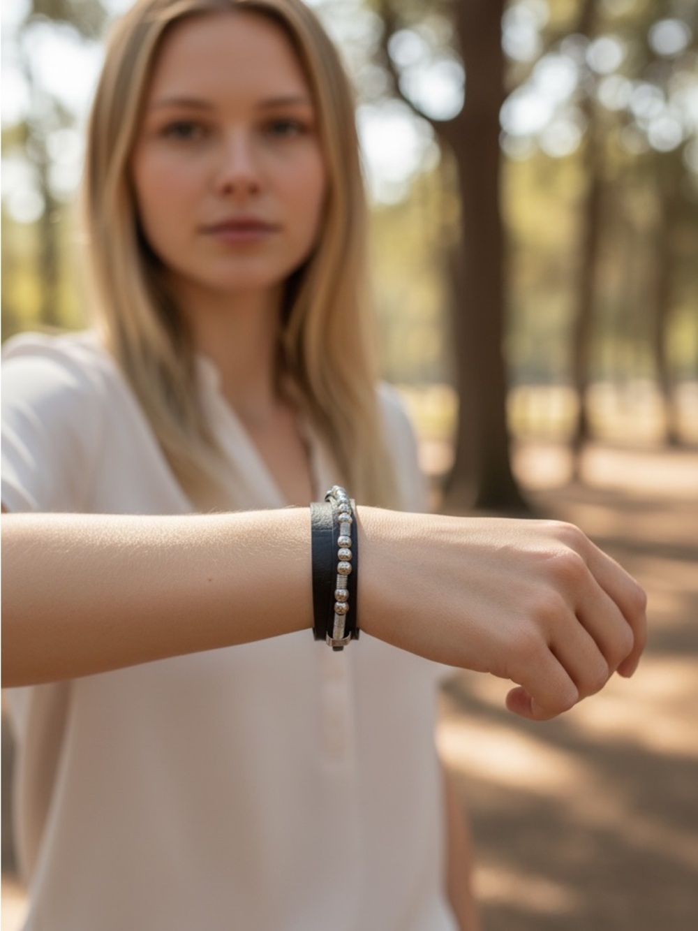 Classic Black Leather and Silver Bead Wrap Bracelet